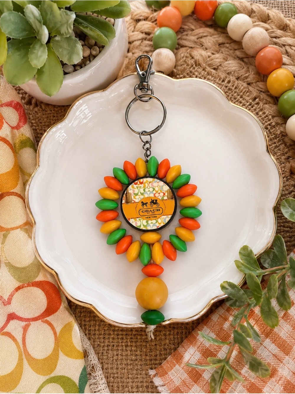 Inspired Orange Green Yellow Beaded Sunburst Keychain
